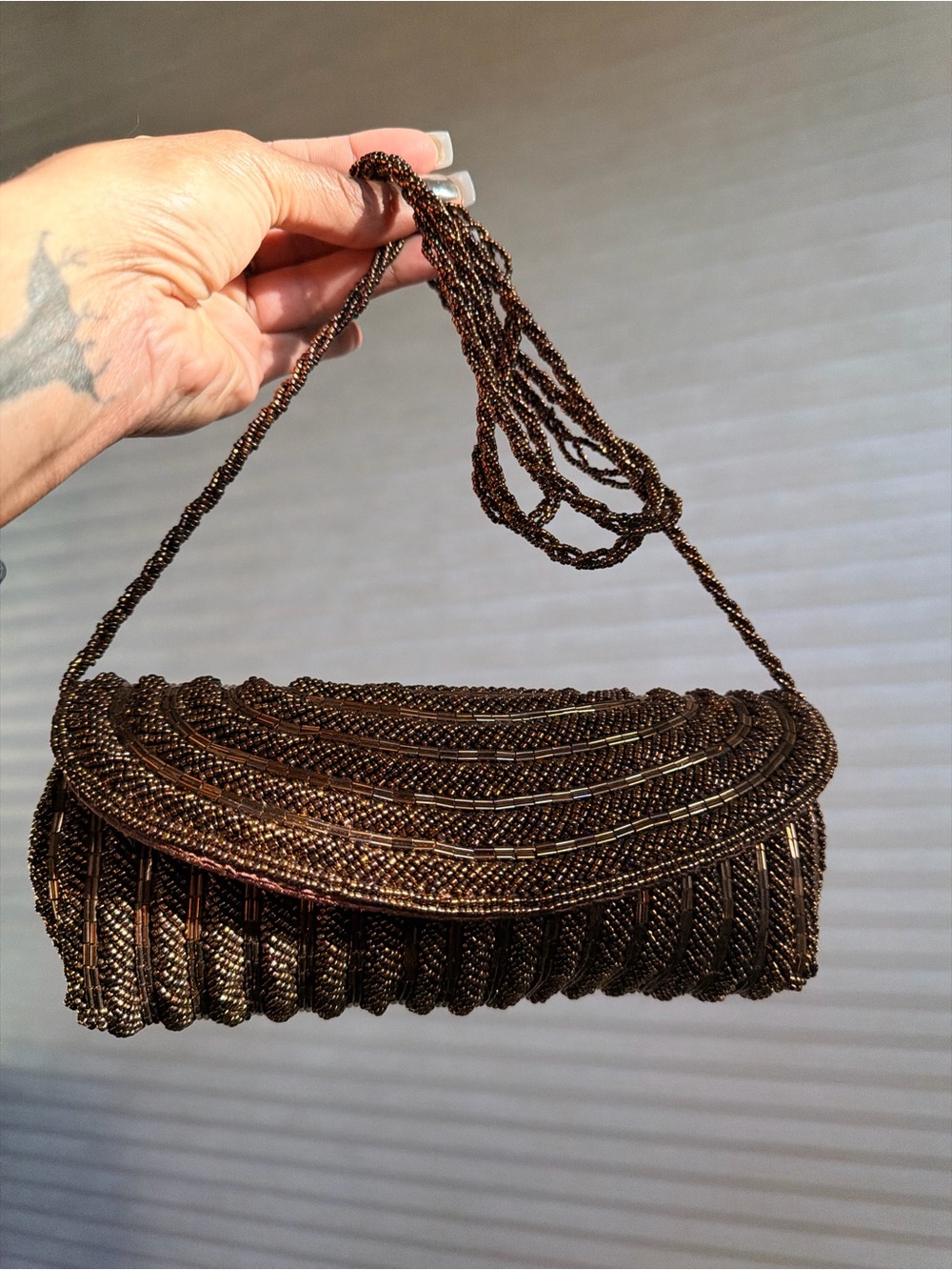 Vintage Carlo Fellini Bronze Beaded Evening Bag | Sculptural Barrel Clutch | Y2K